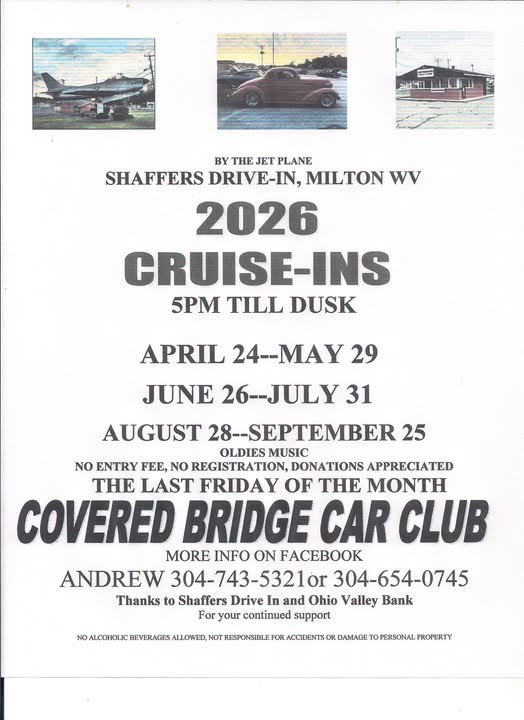 Covered Bridge Car Club Cruise-Ins at Shaffers Drive-In event at Shaffers Drive-In in Milton, WV on July 31, 2026
