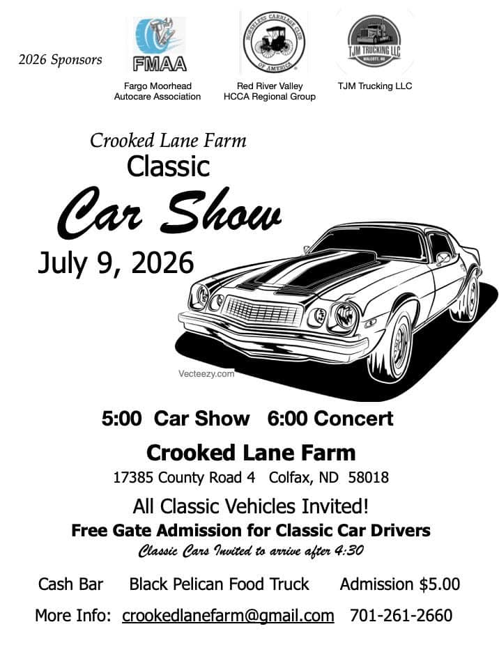 Crooked Lane Farm Classic Car Show event at Crooked Lane Farm in Colfax, ND on July 9, 2026