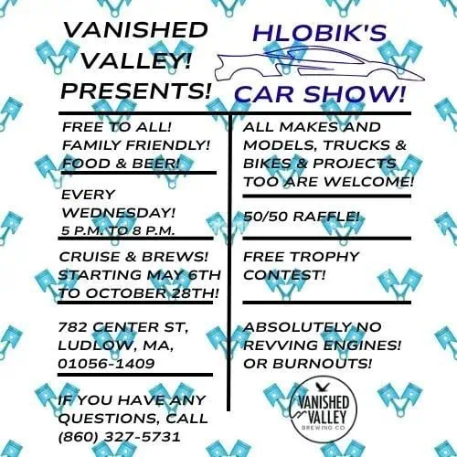 Cruise & Brews at Vanished Valley Brewing Co. event at Vanished Valley Brewing Co. in Ludlow, MA on July 1, 2026