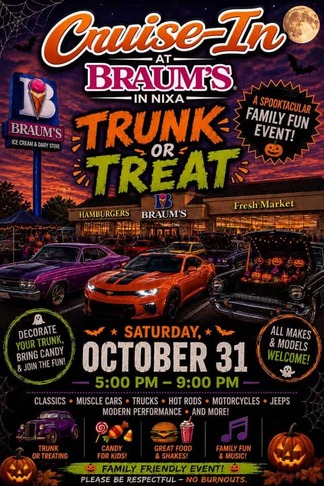 Cruise-In at Braum's in Nixa Trunk or Treat event at Braum's Ice Cream & Dairy Store in Nixa, MO on October 31, 2026