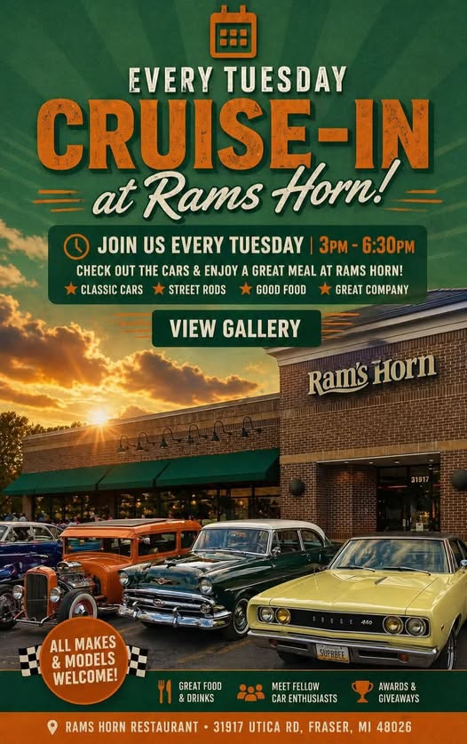 Cruise-In at Rams Horn! event at Rams Horn Restaurant in Fraser, MI on June 9, 2026