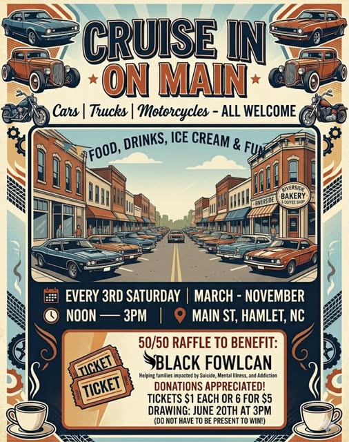 Cruise in on Main event at Main Street in Hamlet, NC on July 18, 2026