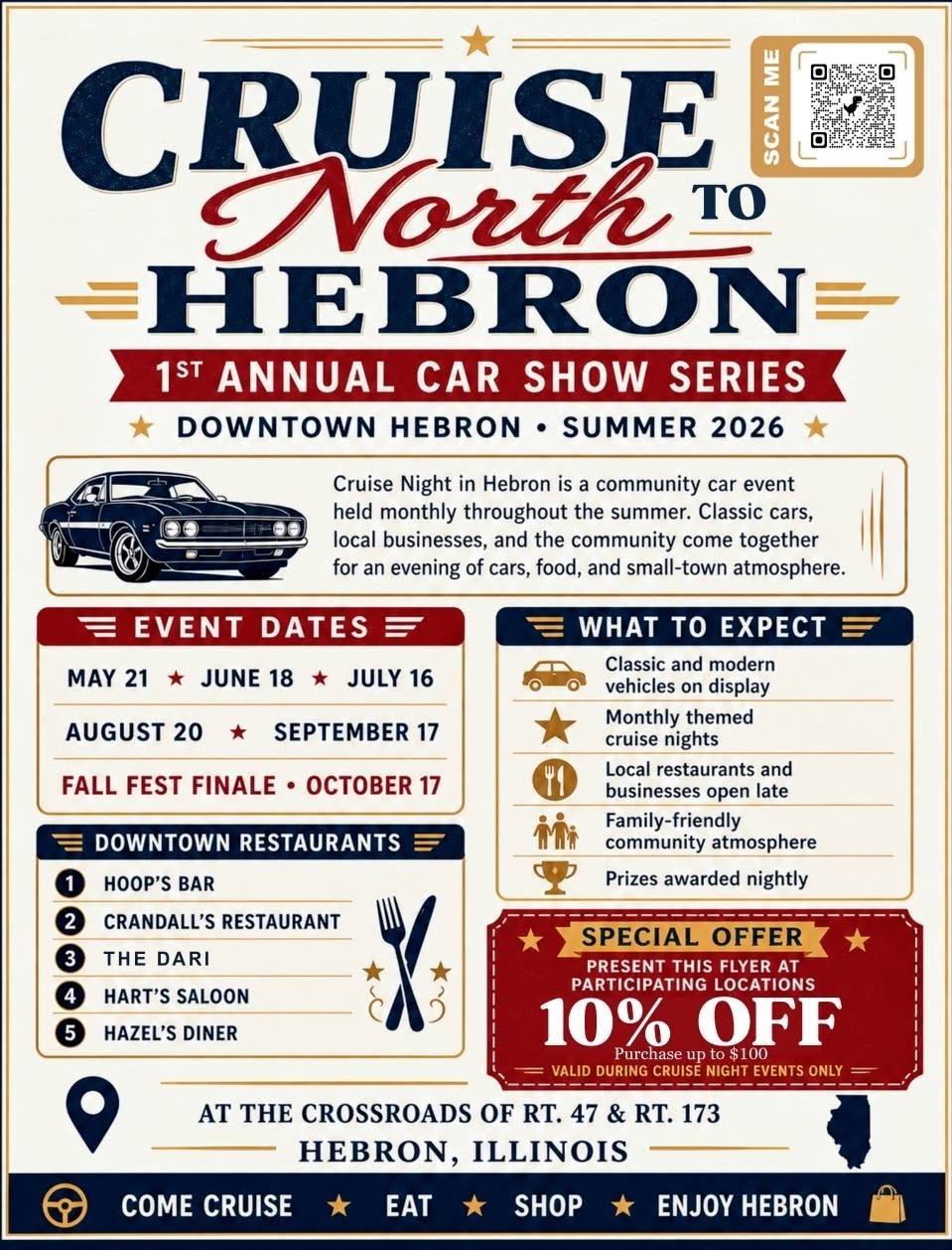 Cruise North to Hebron 1st Annual Car Show Series event at Rt. 47 & Rt. 173 in Hebron, IL on July 16, 2026