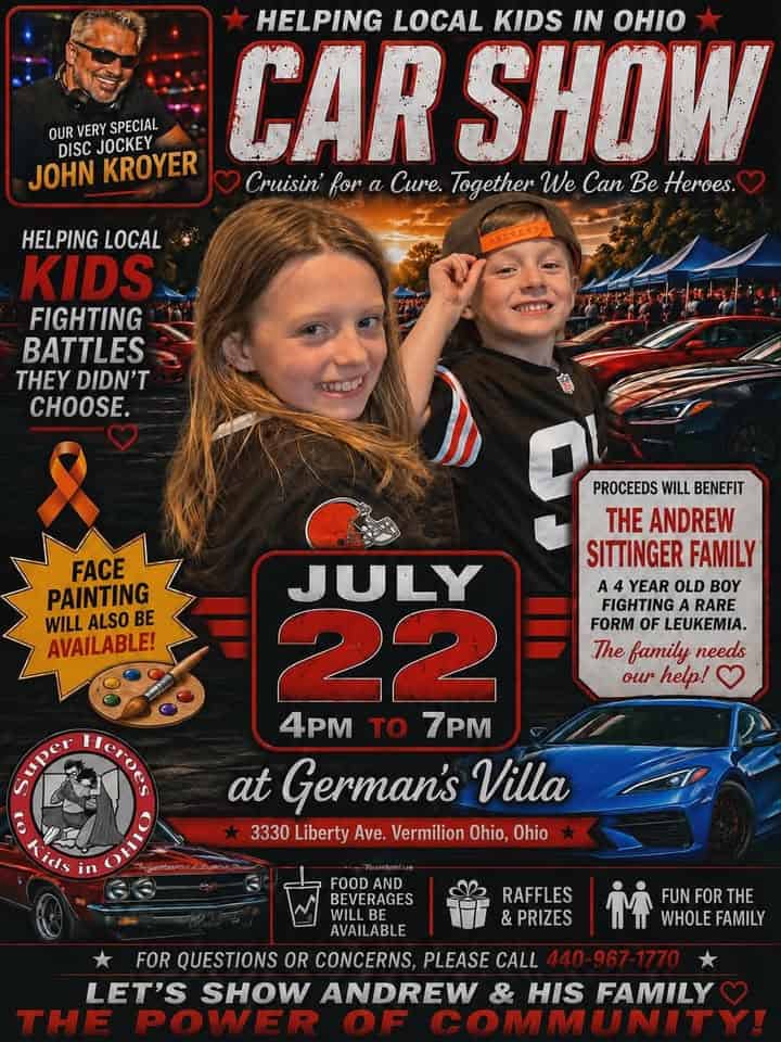 Cruisin' for a Cure Car Show Benefiting the Andrew Sittinger Family event at German's Villa in Vermilion, OH on July 22, 2026