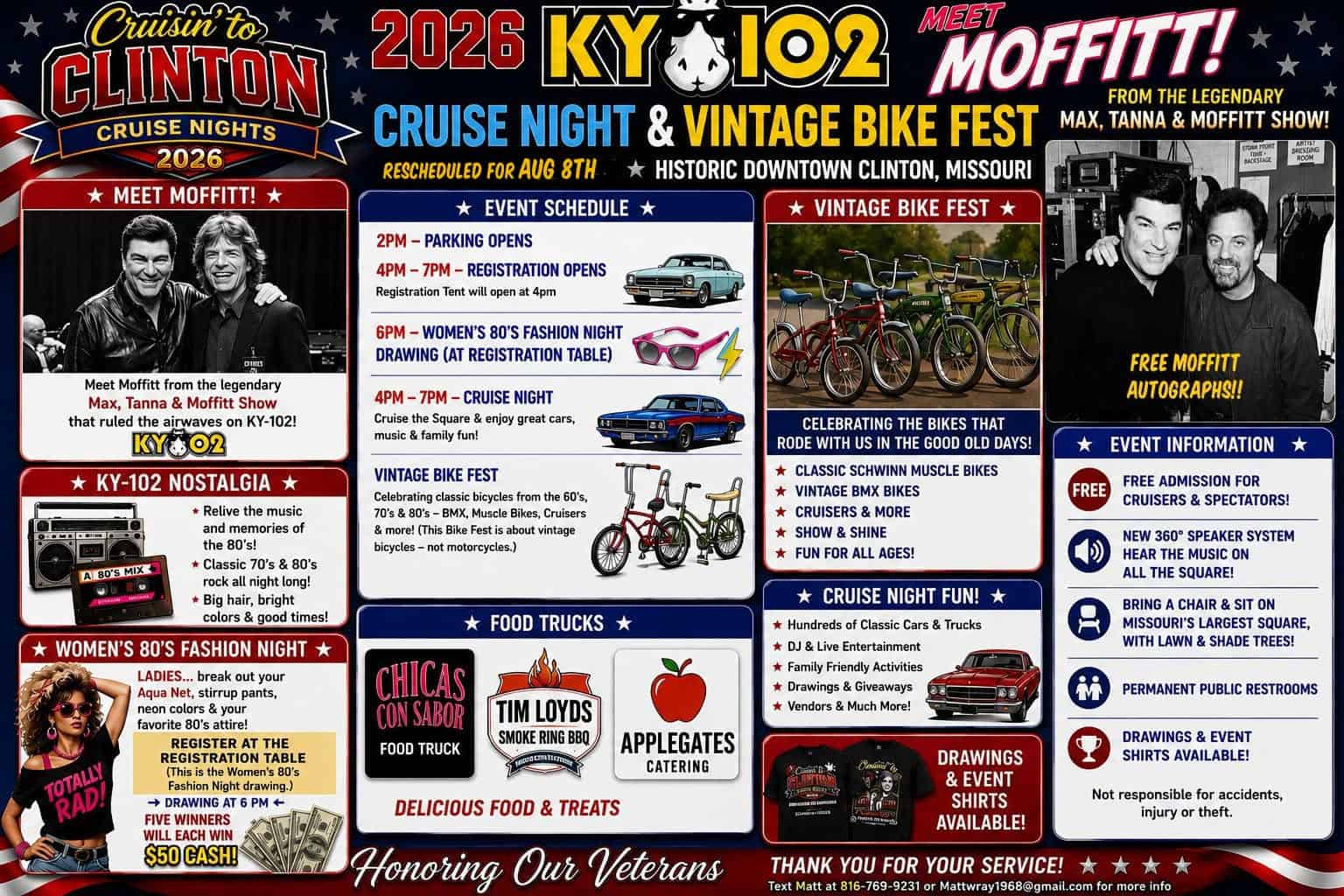 Cruisin' to Clinton Cruise Night & KY-102 Reunion Night featuring Moffitt event at Historic Downtown Clinton in Clinton, MO on August 8, 2026