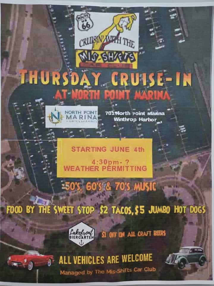 Cruisin' With the Mis-Shifts Thursday Cruise-In event at North Point Marina in Winthrop Harbor, IL on June 25, 2026