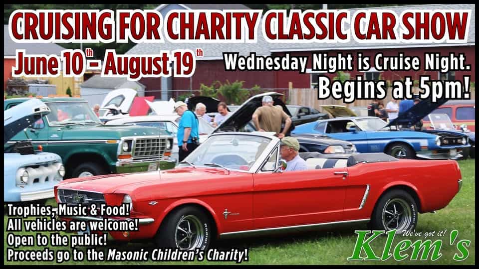 Cruising for Charity Classic Car Show at Klem's event at Klem's in Spencer, MA on June 17, 2026