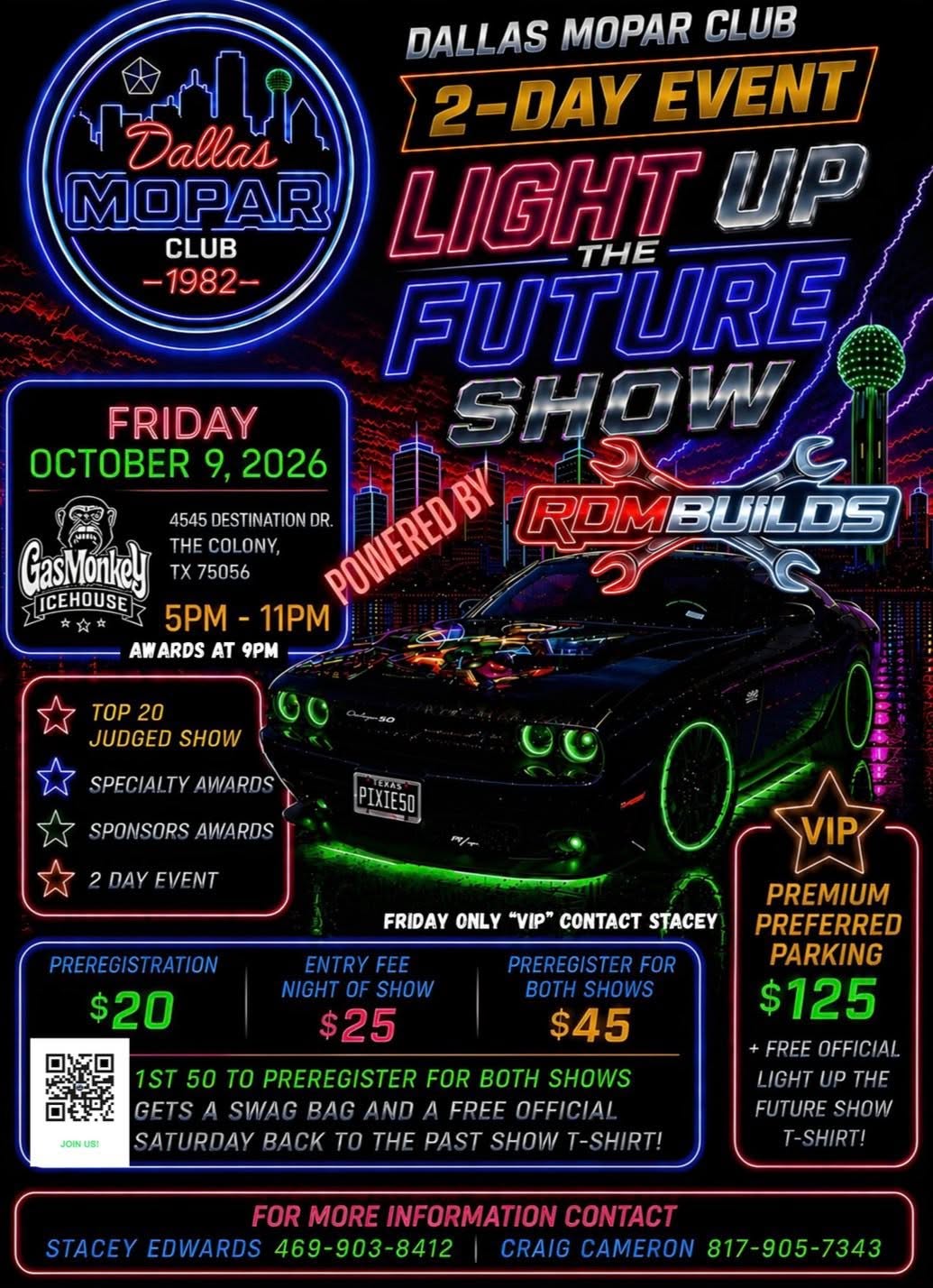Dallas Mopar Club Light up the Future Show event at Gas Monkey Icehouse in The Colony, TX on October 9, 2026