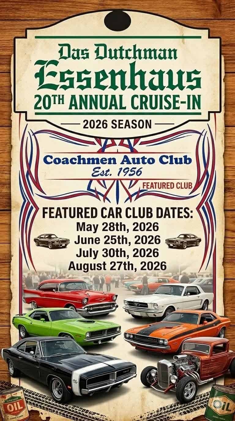 Das Dutchman Essenhaus 20th Annual Cruise-In event at Das Dutchman Essenhaus in Middlebury, IN on July 30, 2026