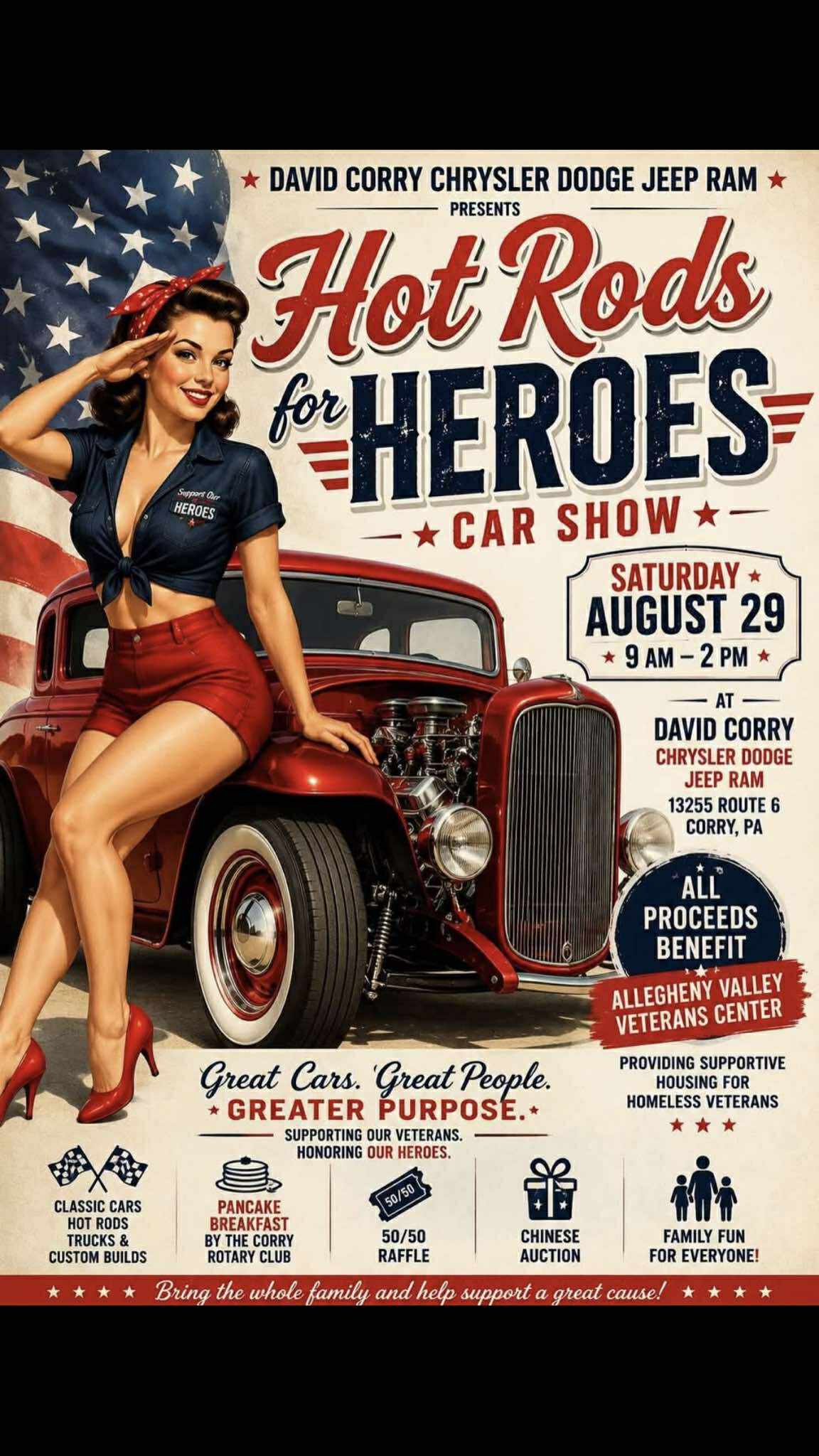 David Corry Chrysler Dodge Jeep Ram Presents Hot Rods For Heroes Car Show event at David Corry Chrysler Dodge Jeep Ram in Corry, PA on August 29, 2026