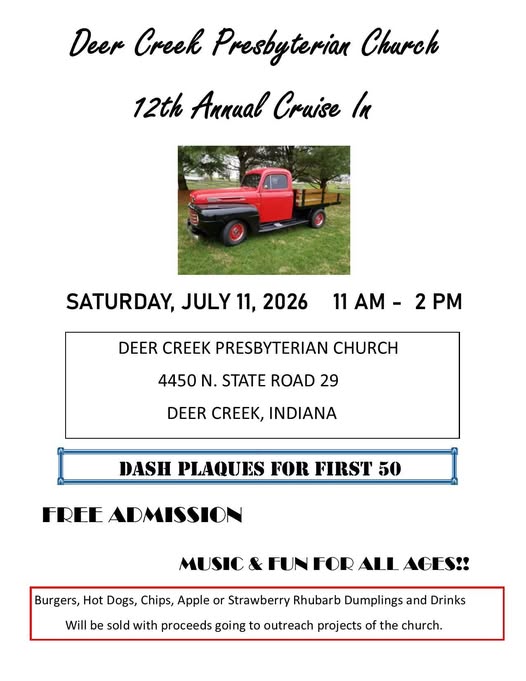 Deer Creek Presbyterian Church 12th Annual Cruise in event at Deer Creek Presbyterian Church in Deer Creek, IN on July 11, 2026