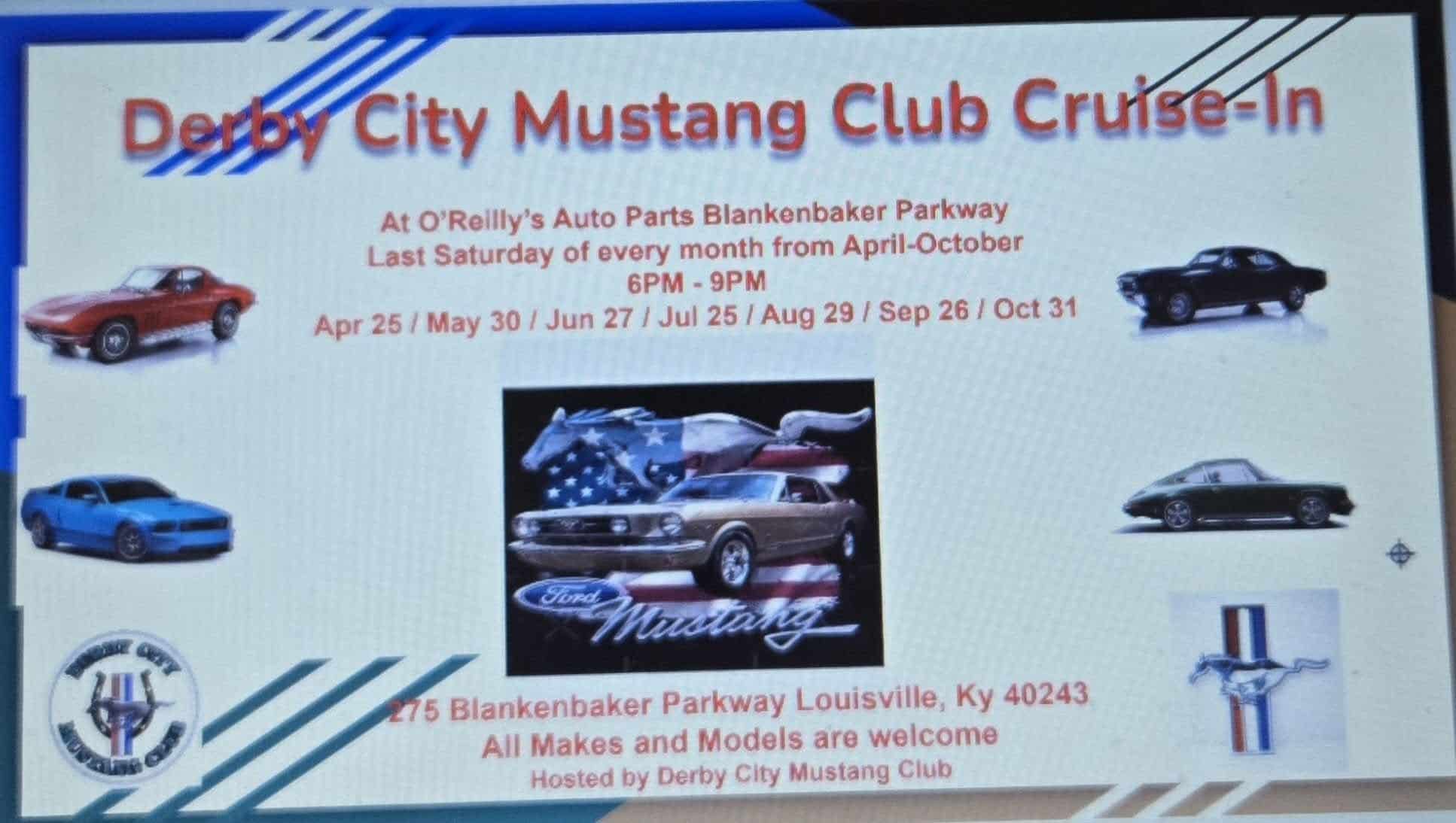 Derby City Mustang Club Cruise-In event at O'Reilly's Auto Parts Blankenbaker Parkway in Louisville, KY on June 27, 2026