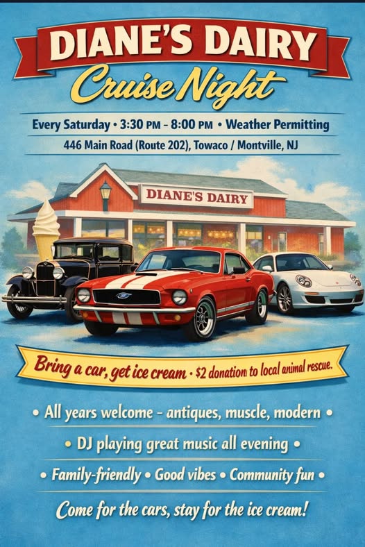 Diane's Dairy Cruise Night event at Diane's Dairy in Towaco/Montville, NJ on June 27, 2026