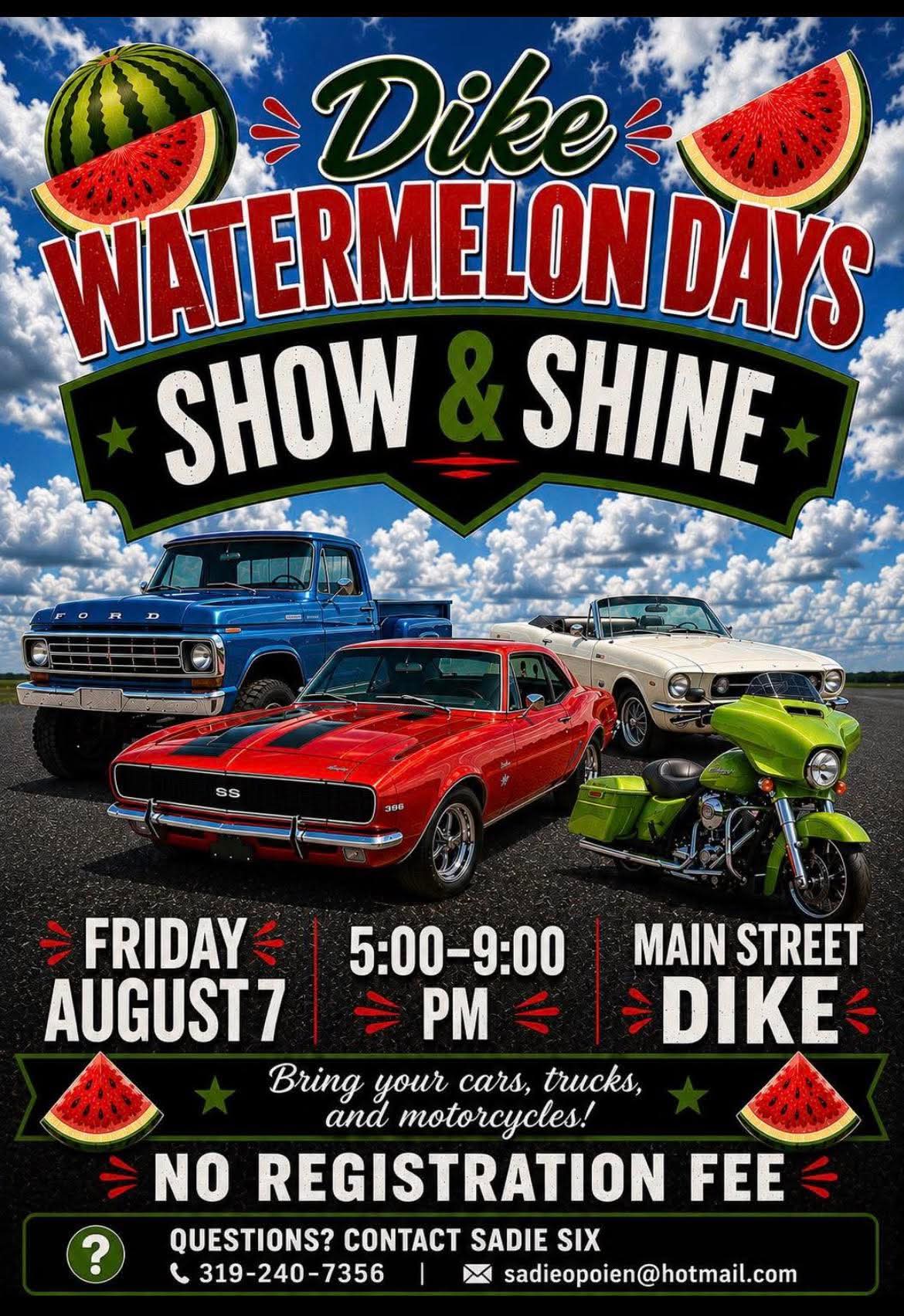 Dike Watermelon Days Show & Shine event at Main Street in Dike, IA on August 7, 2026