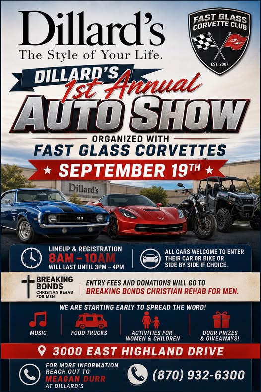 Dillard's 1st Annual Auto Show Organized With Fast Glass Corvettes event at Dillard's in Jonesboro, AR on September 19, 2026