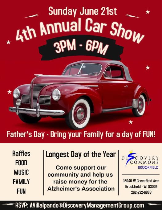 Discovery Commons Brookfield 4th Annual Car Show event at Discovery Commons Brookfield in Brookfield, WI on June 21, 2026