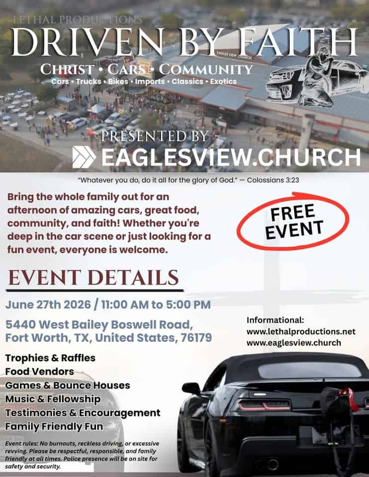 Driven by Faith Car Show 2026 event at Eagles View Church in Fort Worth, TX on June 27, 2026