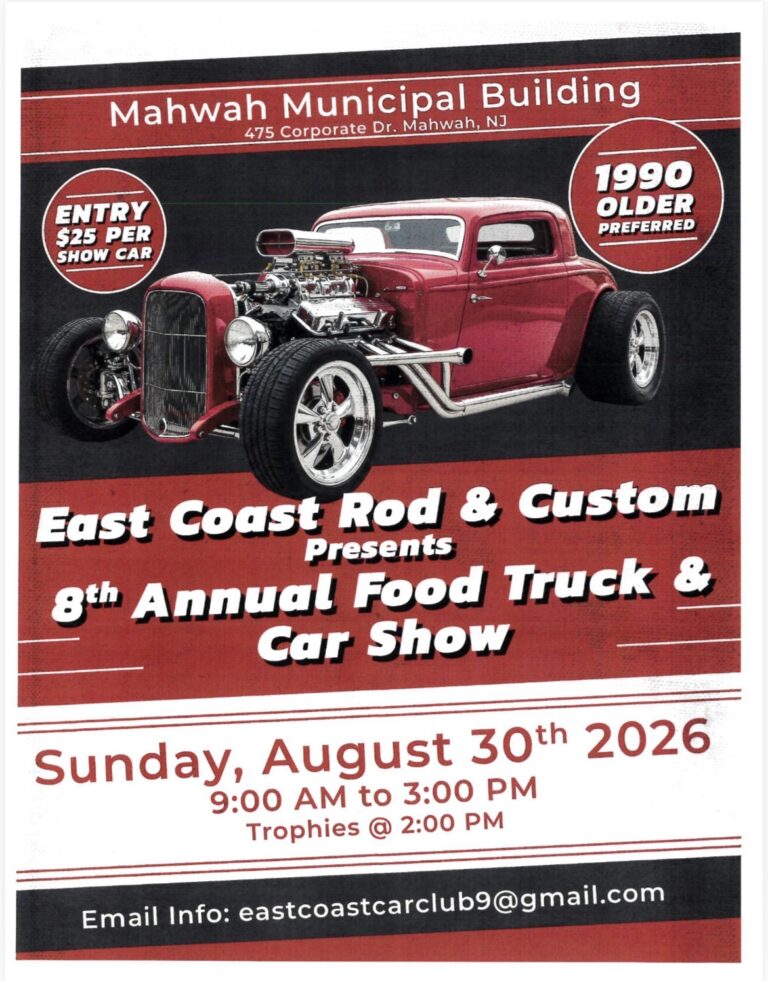 East Coast Rod & Custom 8th Annual Food Truck & Car Show event at Mahwah Municipal Building in Mahwah, NJ on August 30, 2026