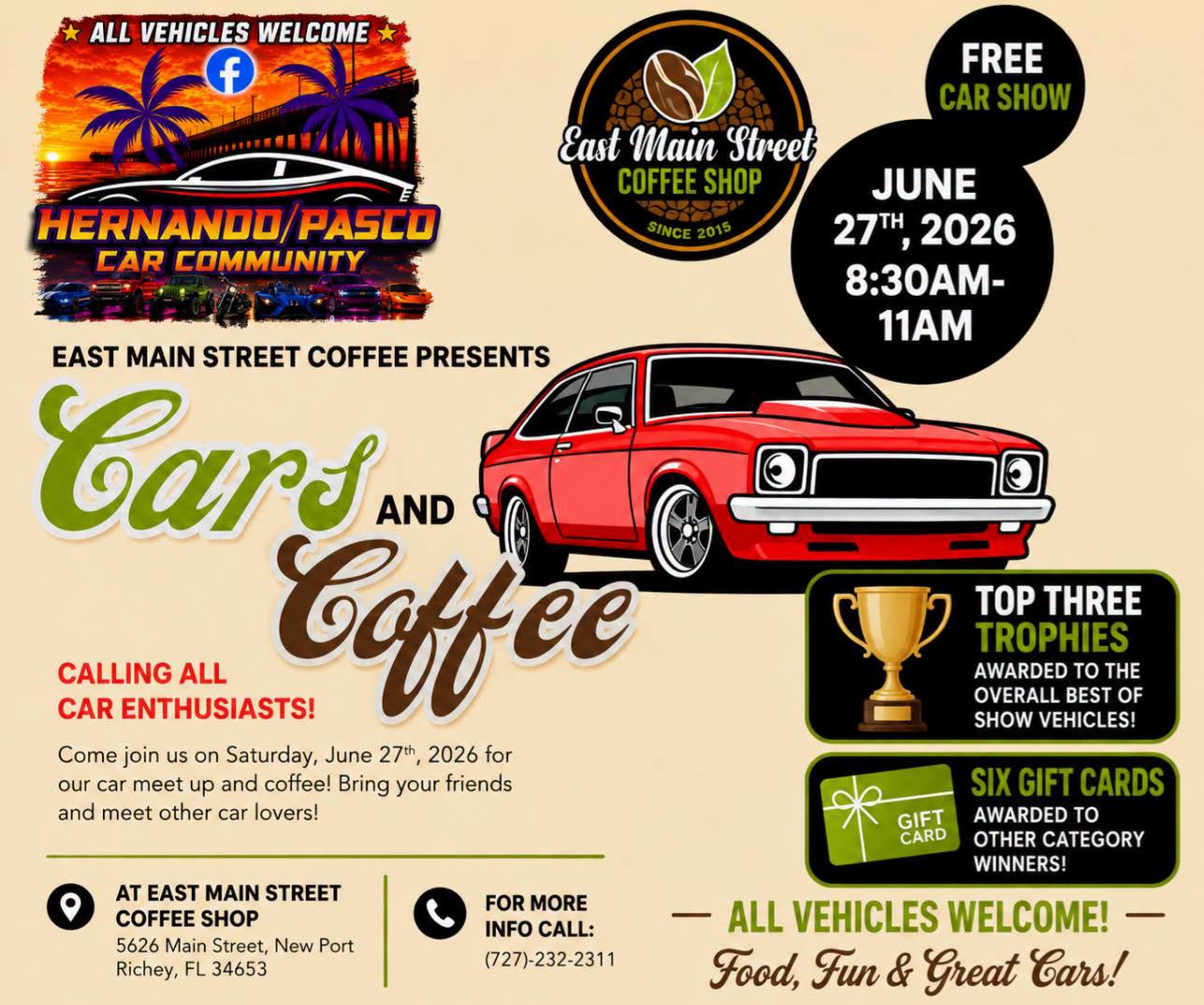 East Main Street Coffee Cars and Coffee event at East Main Street Coffee Shop in New Port Richey, FL on June 27, 2026