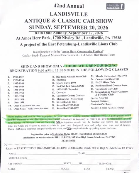 East Petersburg-Landisville Lions Club 42nd Annual Landisville Antique & Classic Car Show event at Amos Herr Park in Landisville, PA on September 20, 2026