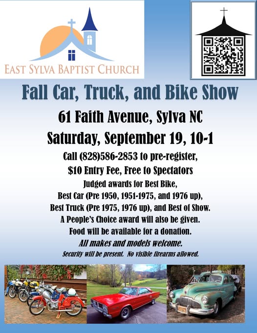 East Sylva Baptist Church Fall Car, Truck, and Bike Show event at East Sylva Baptist Church in Sylva, NC on September 19, 2026