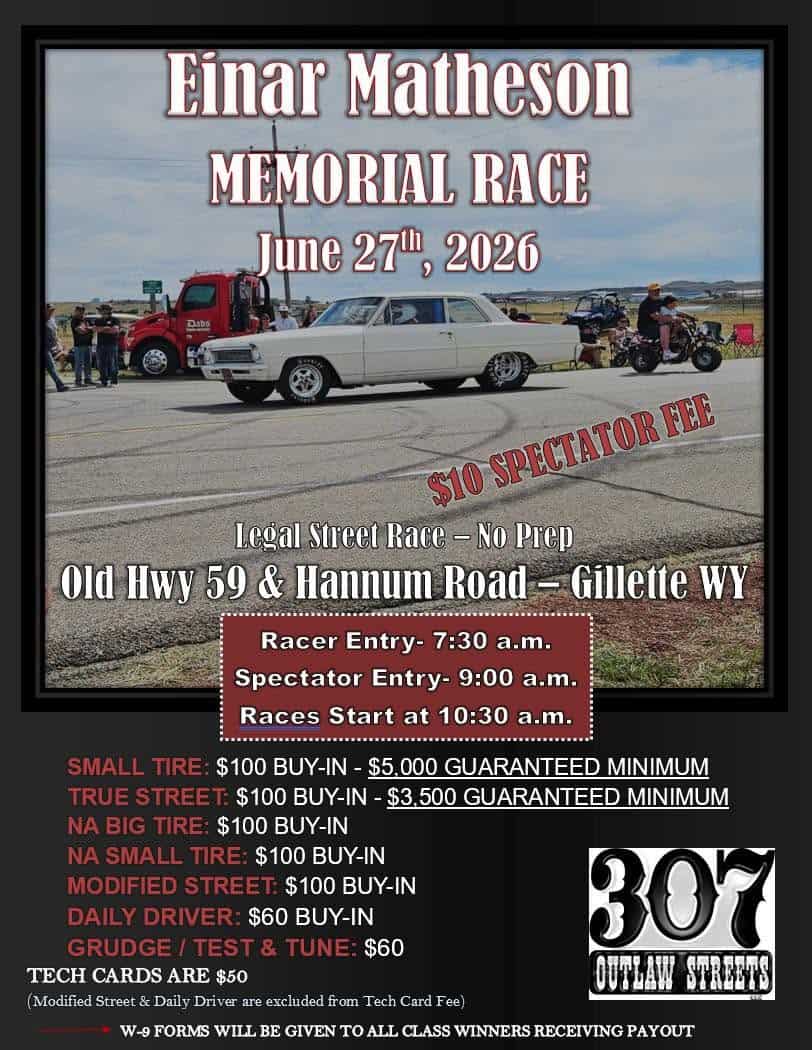 Einar Matheson Memorial Race event at Old Hwy 59 & Hannum Road in Gillette, WY on June 27, 2026