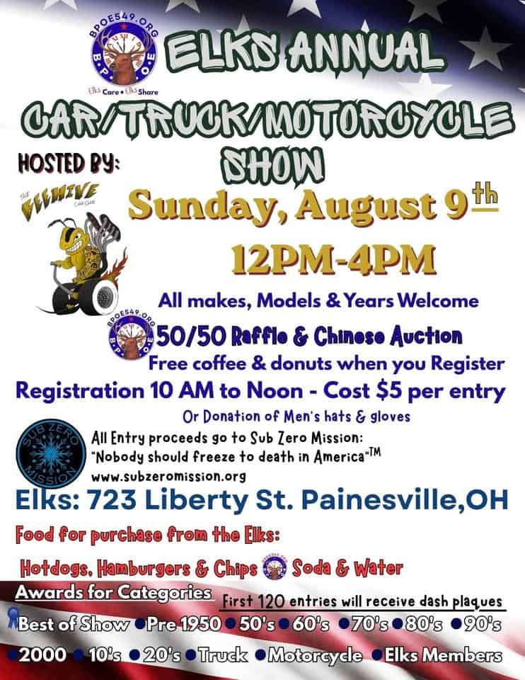 Elks Annual Car/Truck/Motorcycle Show event at Painesville Elks Lodge 549 in Painesville, OH on August 9, 2026