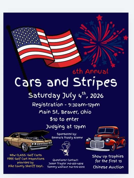 Emma's Frosty Kreme 6th Annual Cars and Stripes event at Main St in Beaver, OH on July 4, 2026