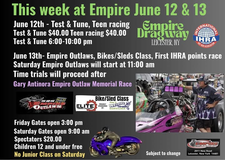Empire Dragway Gary Antinora Empire Outlaw Memorial Race event at Empire Dragway in Leicester, NY on June 12, 2026
