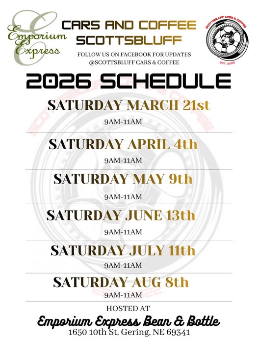 Emporium Express Cars and Coffee Scottsbluff 2026 Schedule event at Emporium Express Bean & Bottle in Gering, NE on March 21, 2026