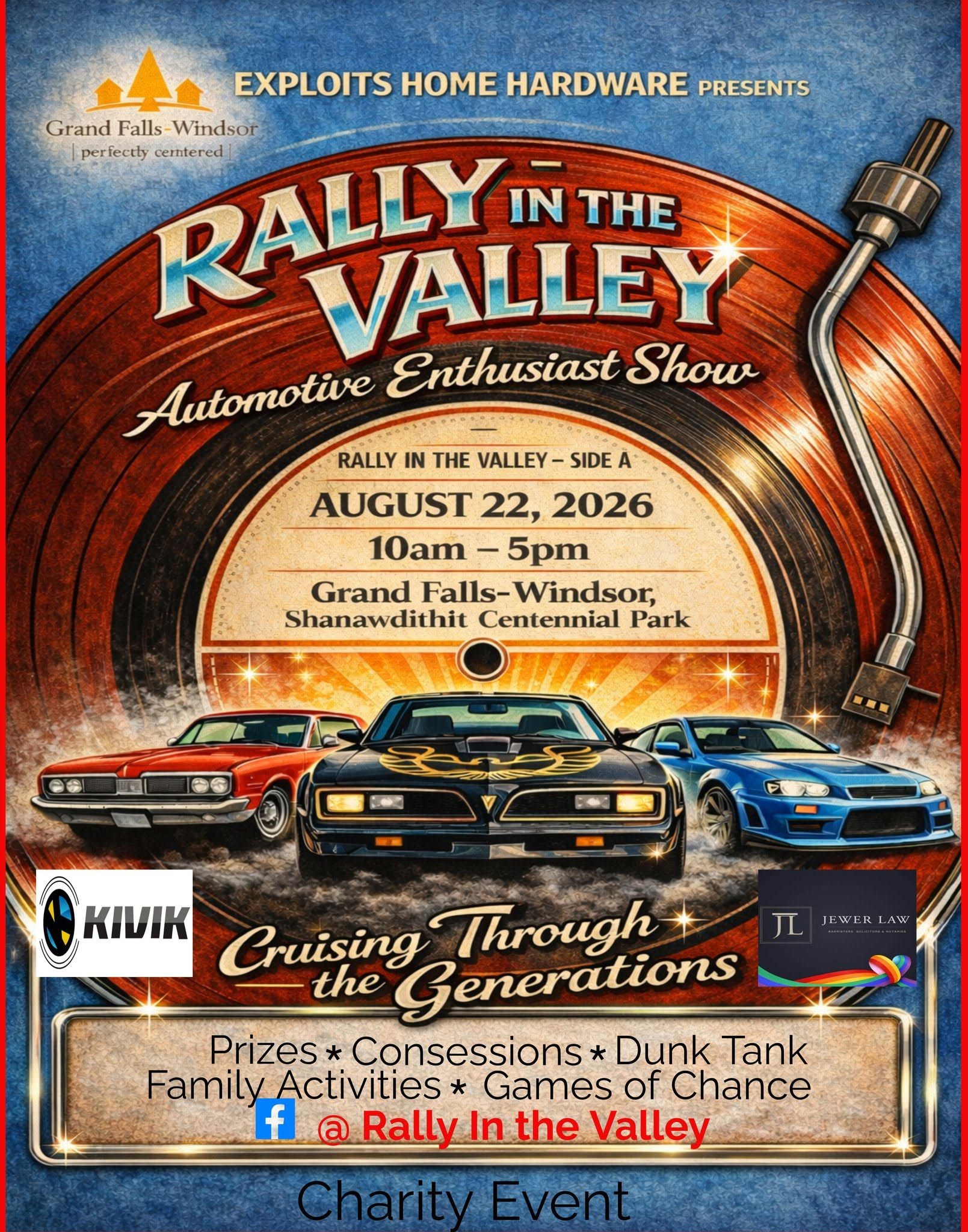 Exploits Home Hardware Presents Rally in the Valley Automotive Enthusiast Show event at Shanawdithit Centennial Park in Grand Falls-Windsor, NL on August 22, 2026