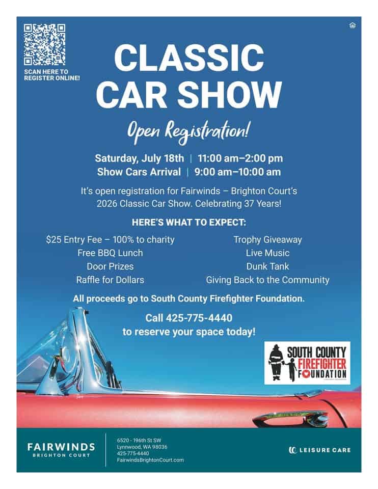 Fairwinds Brighton Court Classic Car Show event at Fairwinds Brighton Court in Lynnwood, WA on July 18, 2026