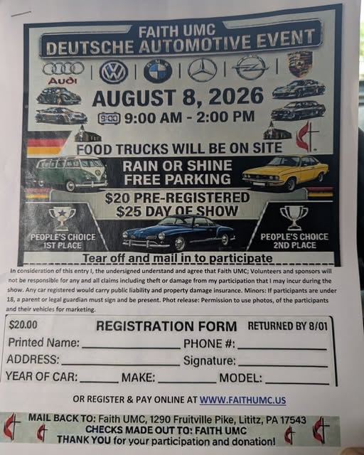 Faith Umc Deutsche Automotive Event event at Faith Umc in Lititz, PA on August 8, 2026