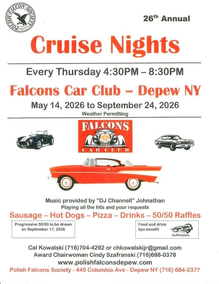 Falcons Car Club 26th Annual Cruise Nights event at Polish Falcons Society of Depew in Depew, NY on June 25, 2026