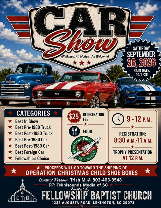 Fellowship Baptist Church Car Show event at Fellowship Baptist Church in Lexington, SC on September 26, 2026