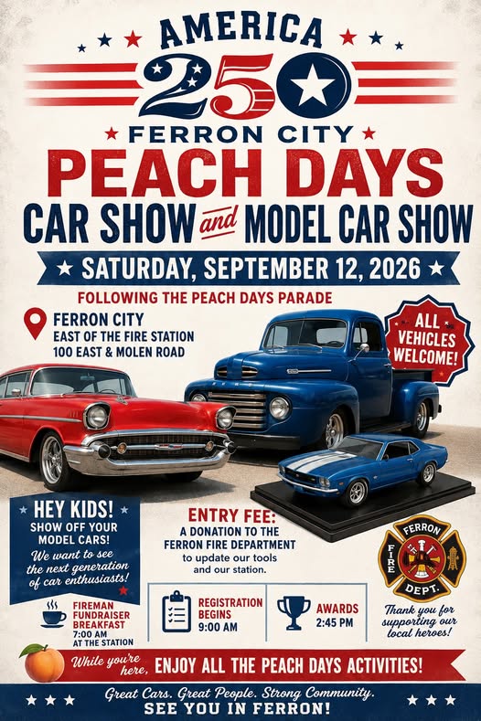 Ferron City Peach Days Car Show and Model Car Show event at Ferron City East of the Fire Station in Ferron, UT on September 12, 2026