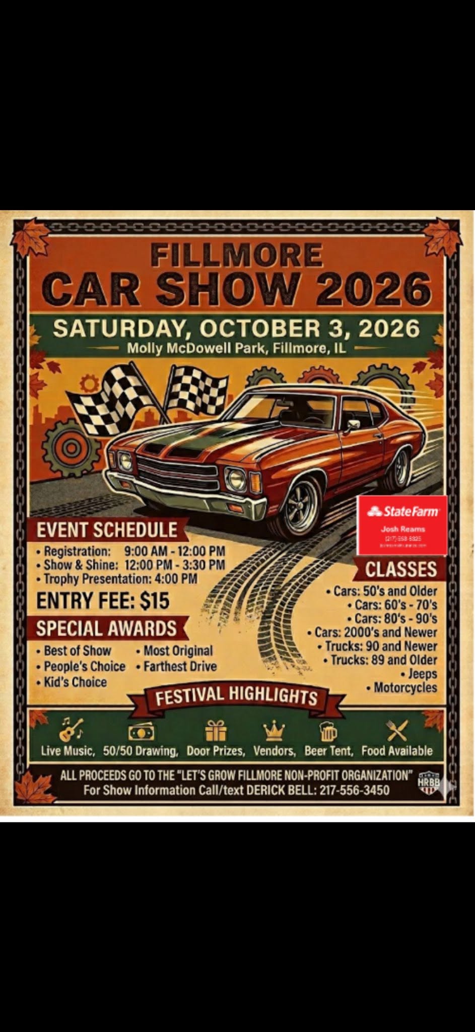 Fillmore Car Show 2026 event at Molly McDowell Park in Fillmore, IL on October 3, 2026