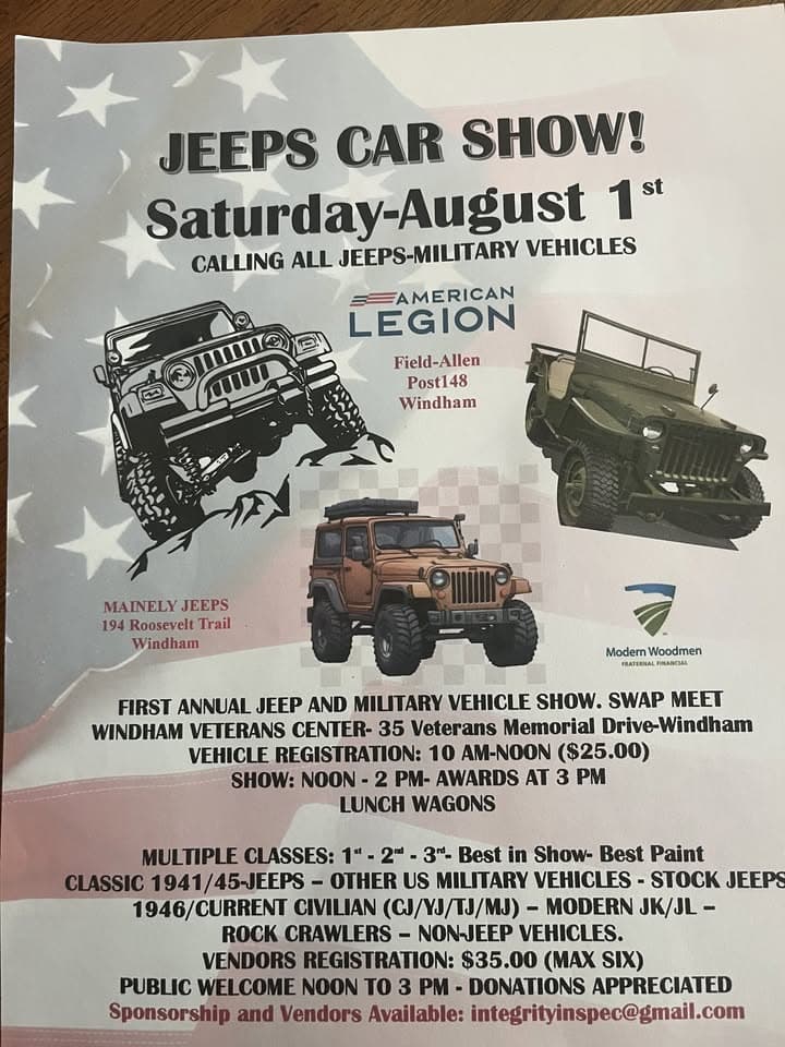 First Annual Jeep and Military Vehicle Show event at Windham Veterans Center in Windham, ME on August 1, 2026