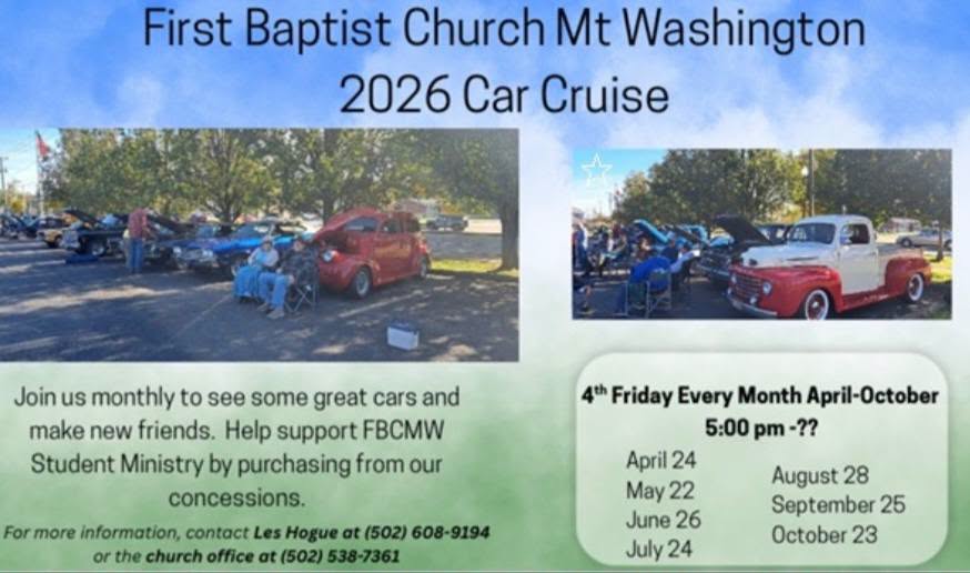 First Baptist Church Mt Washington 2026 Car Cruise event at First Baptist Church Mt Washington in Mt Washington, KY on July 24, 2026