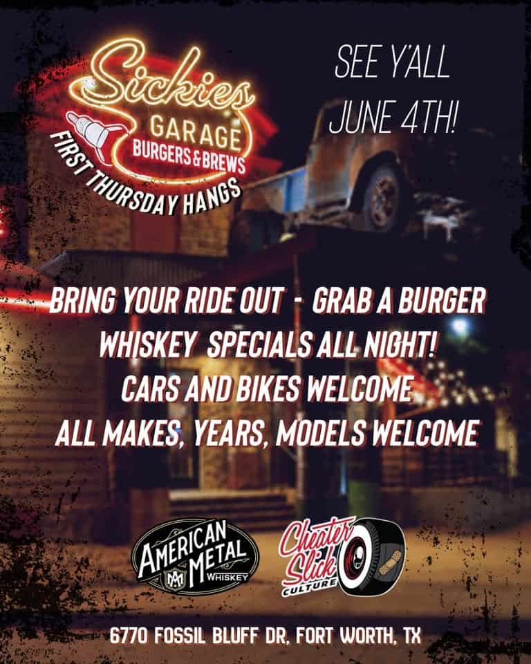 First Thursday Hangs at Sickies Garage Burgers & Brews event at Sickies Garage Burgers & Brews in Fort Worth, TX on June 4, 2026