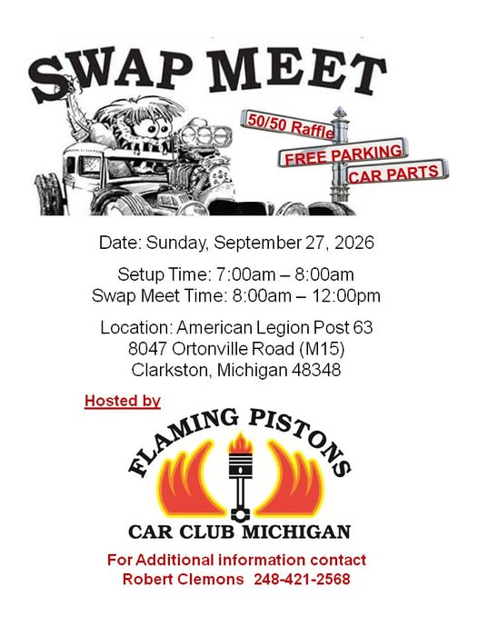 Flaming Pistons Car Club Michigan Swap Meet event at American Legion Post 63 in Clarkston, MI on September 27, 2026