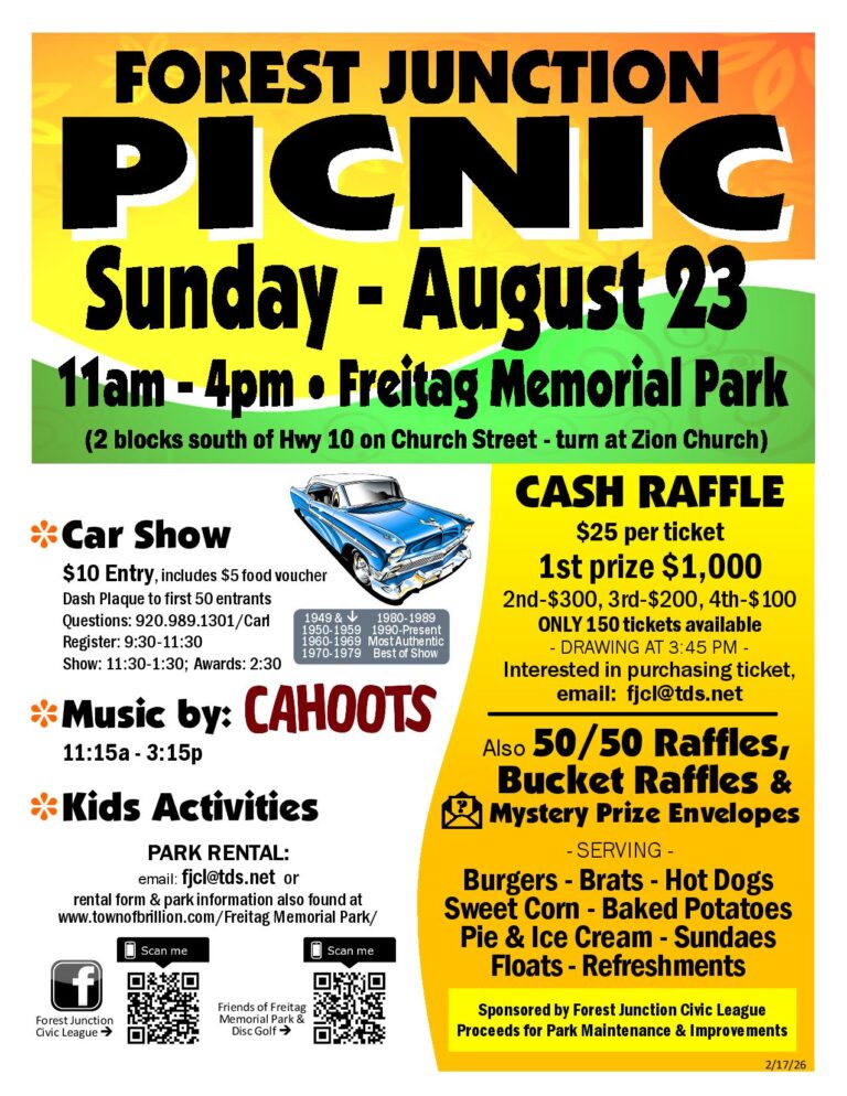Forest Junction Civic League Picnic Car Show event at Freitag Memorial Park in Forest Junction, WI on August 23, 2026