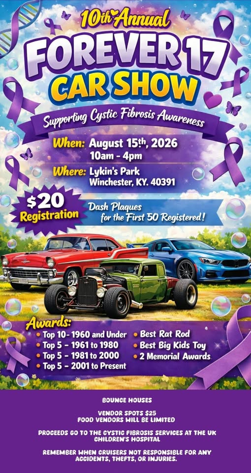 Forever 17 10th Annual Car Show event at Lykin's Park in Winchester, KY on August 15, 2026