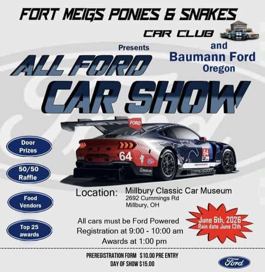 Fort Meigs Ponies & Snakes Car Club All Ford Car Show event at Millbury Classic Car Museum in Millbury, OH on June 6, 2026