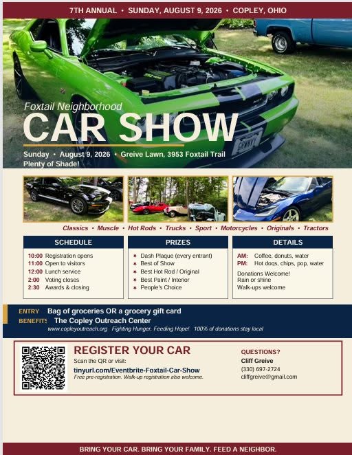 Foxtail Neighborhood 7th Annual Car Show event at Greive Lawn in Copley, OH on August 9, 2026