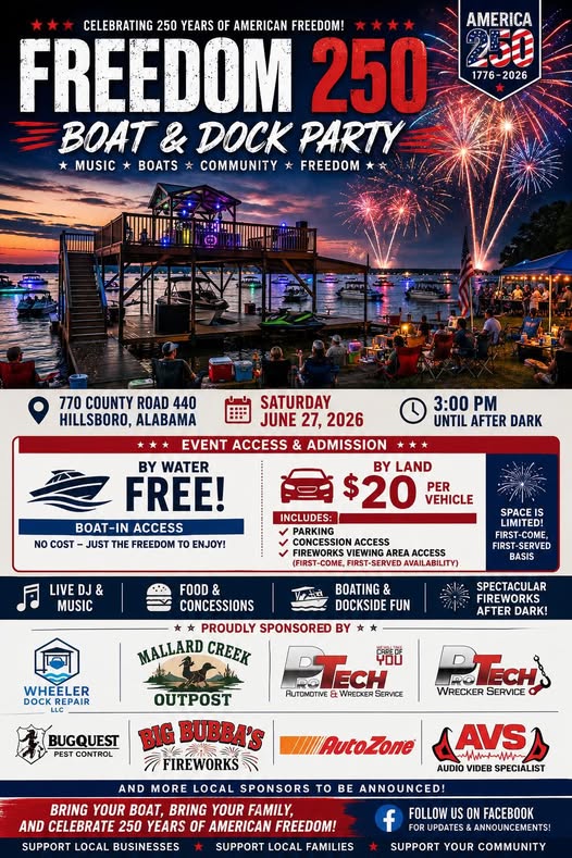 Freedom 250 Boat & Dock Party event at 770 County Road 440 in Hillsboro, AL on June 28, 2026