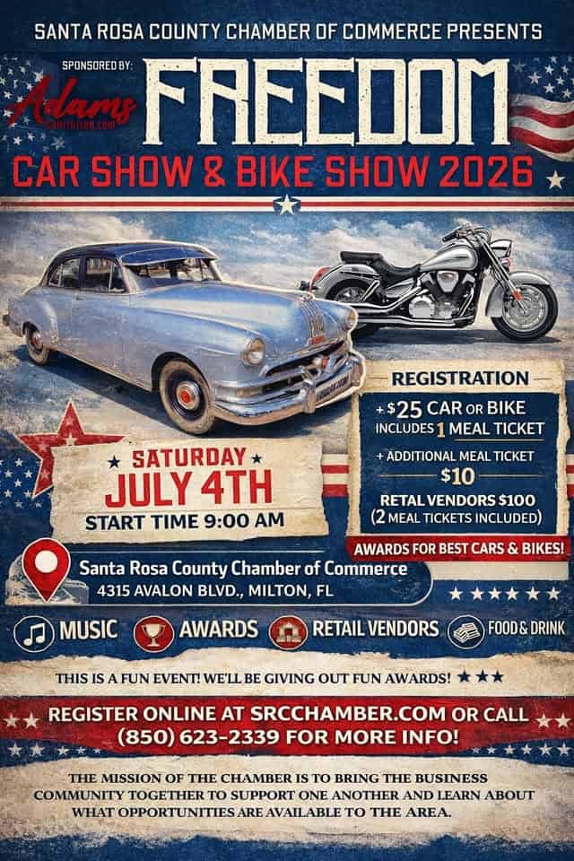 Freedom Car Show & Bike Show 2026 event at Santa Rosa County Chamber of Commerce in Milton, FL on July 4, 2026