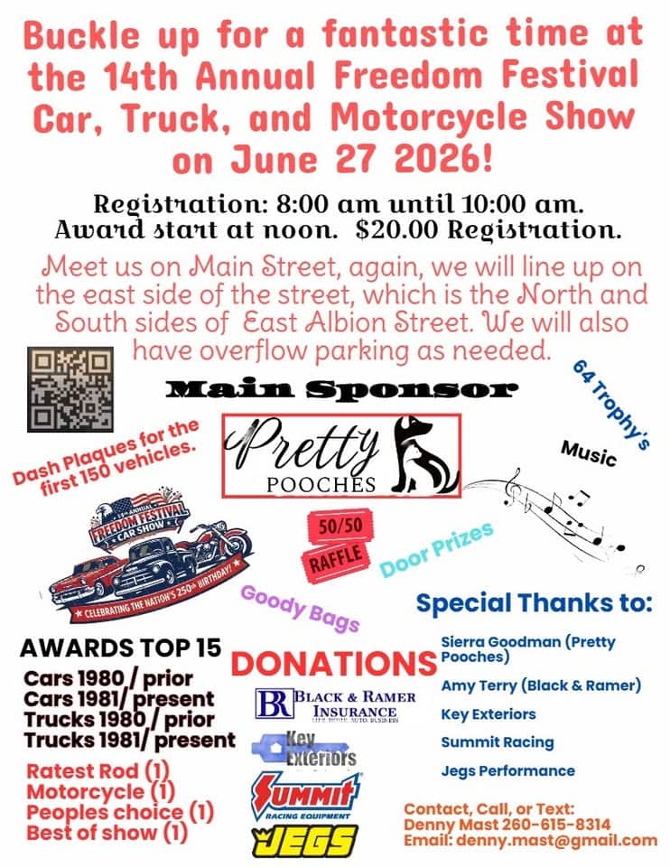 Freedom Festival Car, Truck, and Motorcycle Show event at Main St and E Albion St in Avilla, IN on June 27, 2026