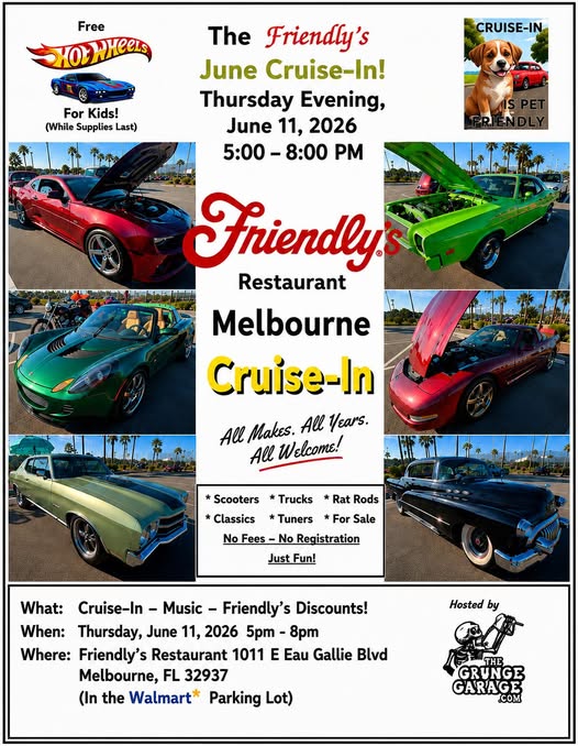 Friendly's June Cruise-In! Friendly's Restaurant Melbourne Cruise-In event at Friendly's Restaurant in Satellite Beach, FL on June 11, 2026