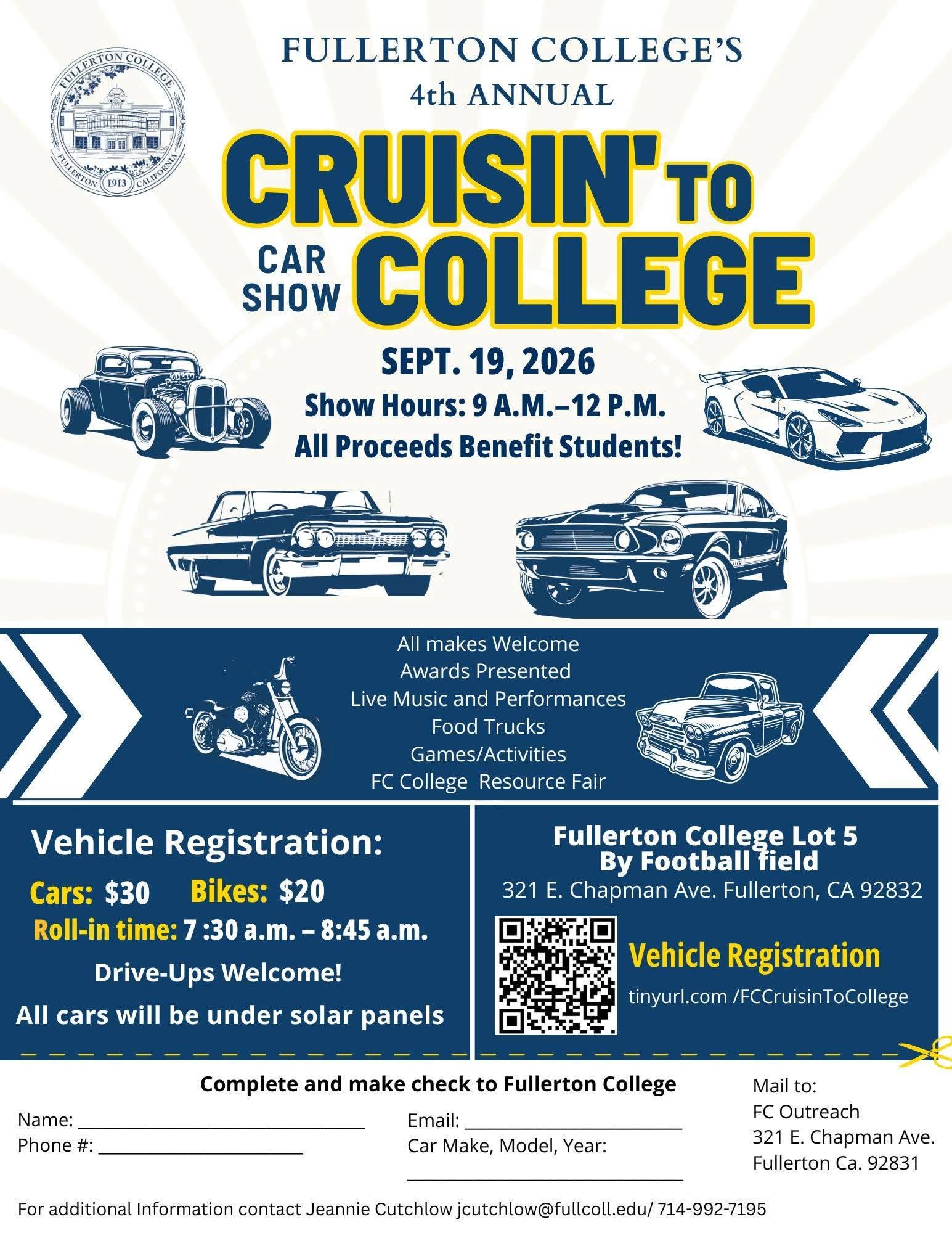 Fullerton College's 4th Annual Cruisin' to College Car Show event at Fullerton College Lot 5 by Football Field in Fullerton, CA on September 19, 2026